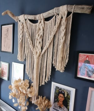 Large braided macrame on driftwood 