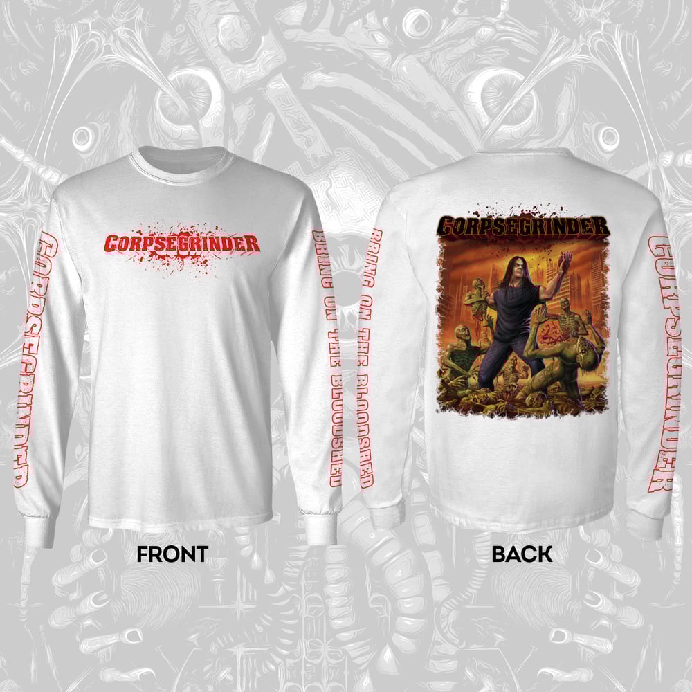CORPSEGRINDER "ALBUM COVER" LONG SLEEVE SHIRT (WHITE) + SIGNED LP/CD BUNDLE