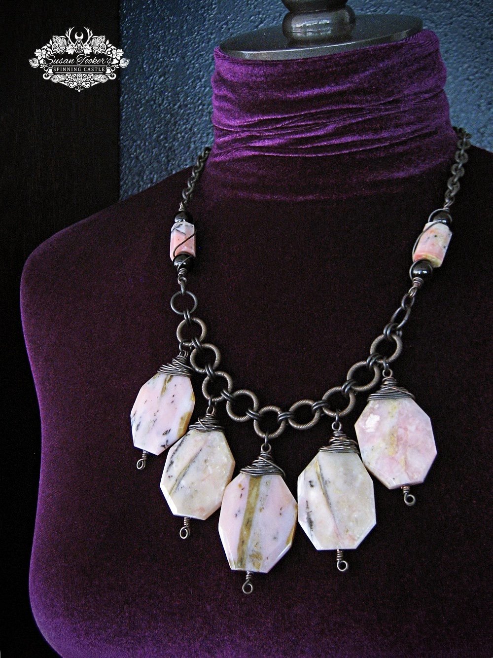 Image of HEART STONE - Pink Opal Bib Statement Necklace Boho Rustic Witchy Jewelry 