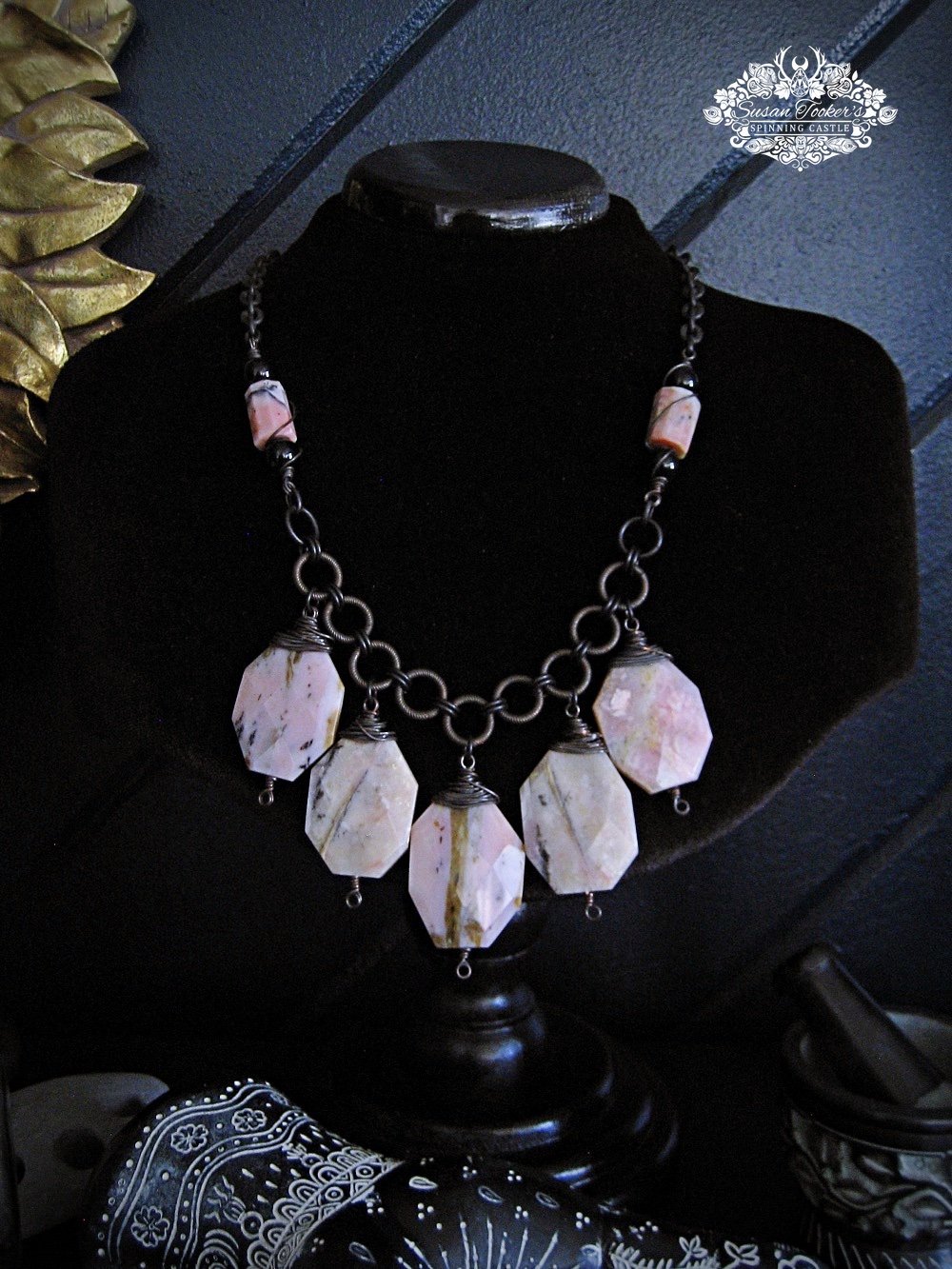 Image of HEART STONE - Pink Opal Bib Statement Necklace Boho Rustic Witchy Jewelry 