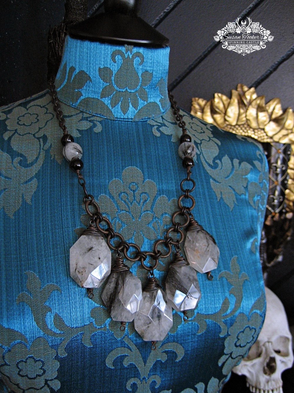 Image of SHIELD STONE - Black Tourmaline Rutile Quartz Crystal Bib Statement Necklace Boho Witchy Jewelry