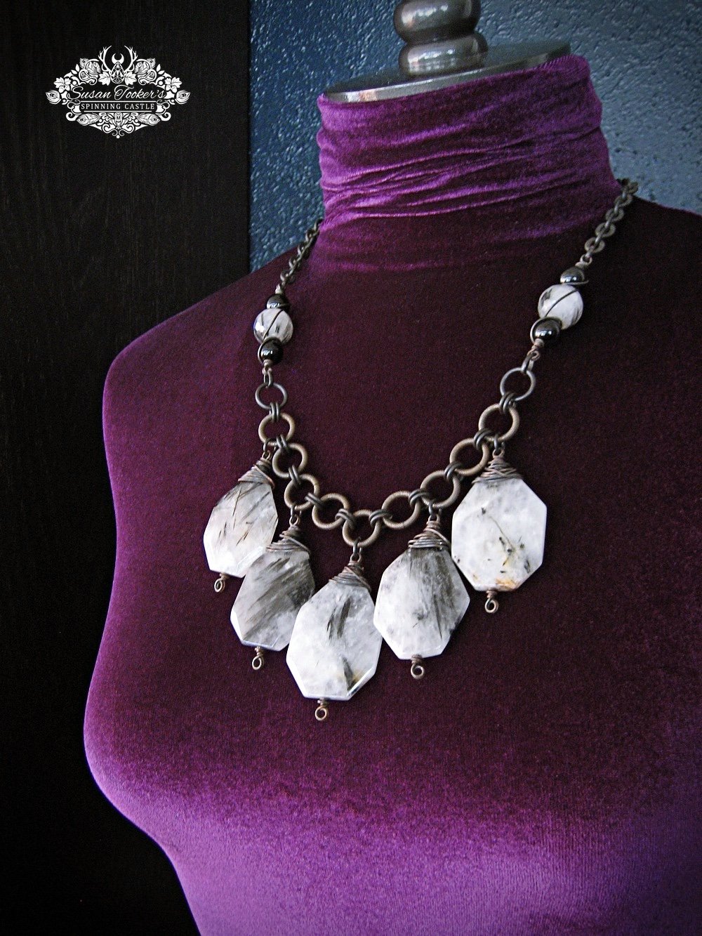 Image of SHIELD STONE - Black Tourmaline Rutile Quartz Crystal Bib Statement Necklace Boho Witchy Jewelry