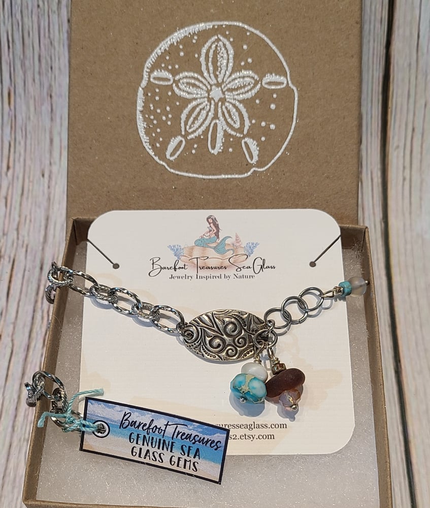 Image of Fine Silver Casted Pendant Bracelet with Sea Glass-Turquoise-Adjustable-Gift Boxed-EB-405