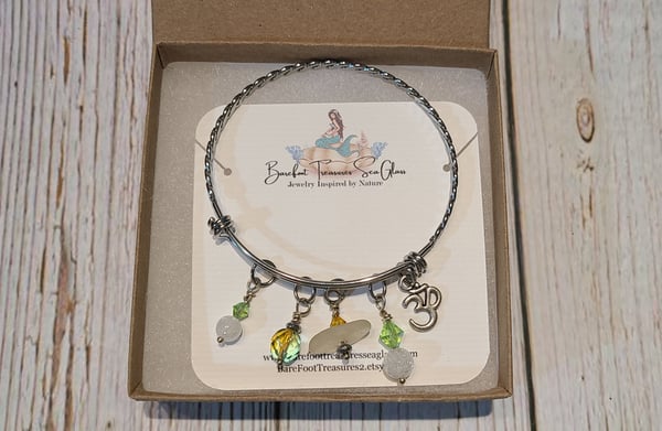 Image of Genuine Sea Glass Bangle with OM Aum Yoga Charm - Crystals -Gift Boxed - EB-427