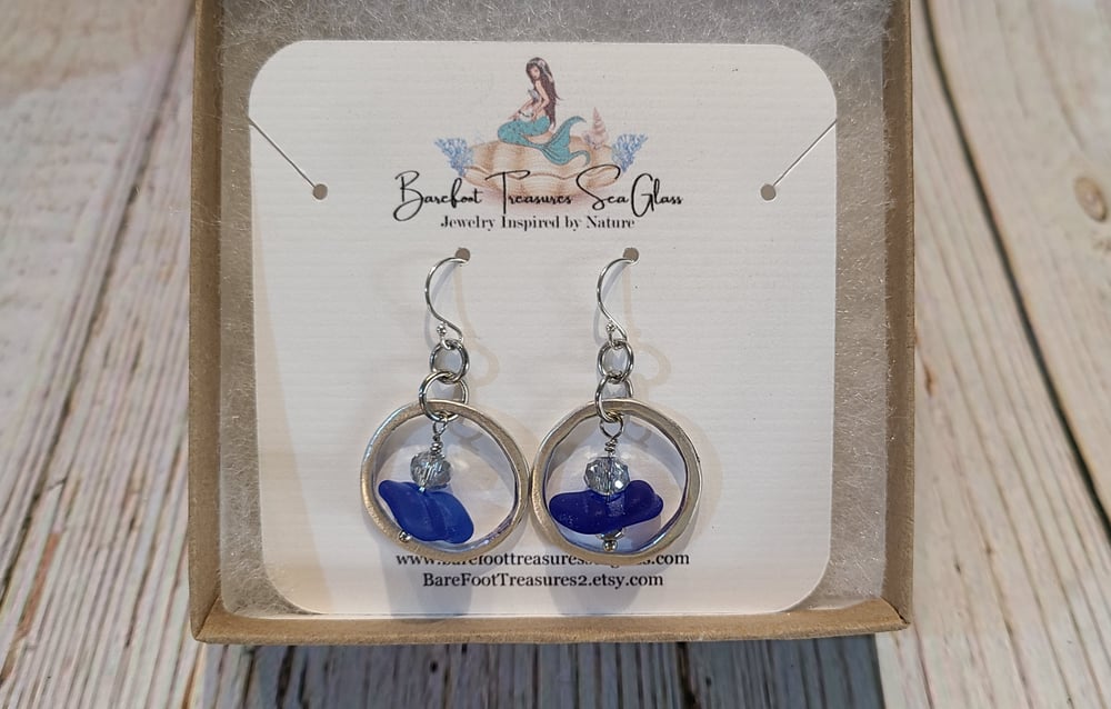 Image of Genuine Cobalt Blue Sea Glass Dangle Earrings-Sterling Ear Wires-Gift Boxed-EB-429