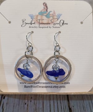 Image of Genuine Cobalt Blue Sea Glass Dangle Earrings-Sterling Ear Wires-Gift Boxed-EB-429