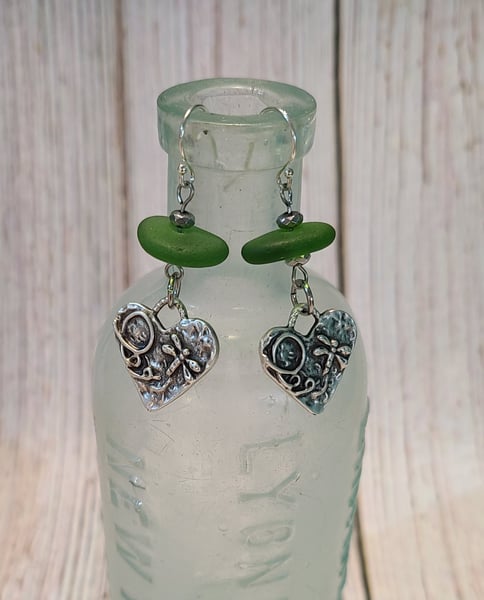 Image of Genuine Green Sea Glass Dangle Earrings- Sterling Ear Wires - Gift Boxed- EB-430