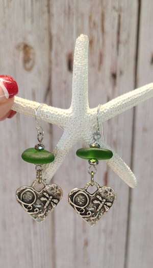 Image of Genuine Green Sea Glass Dangle Earrings- Sterling Ear Wires - Gift Boxed- EB-430