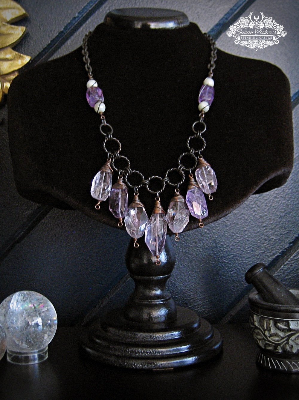 Image of DREAM STONE - Amethyst Ametrine  Quartz Crystal Bib Statement Necklace Boho Witchy Jewelry