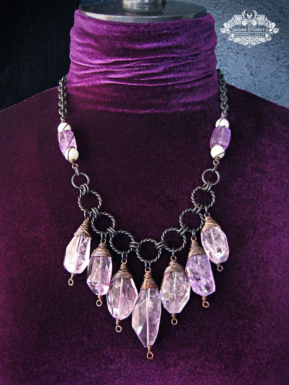 Image of DREAM STONE - Amethyst Ametrine  Quartz Crystal Bib Statement Necklace Boho Witchy Jewelry