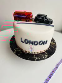 Image 3 of London themed cake topper with London bus, iconic London taxi 