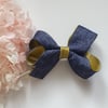 Emily Denim Bows adorned with Silver or Gold Ribbon