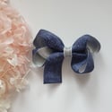 Emily Denim Bows adorned with Silver or Gold Ribbon 