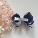 Emily Denim Bows adorned with Silver or Gold Ribbon 