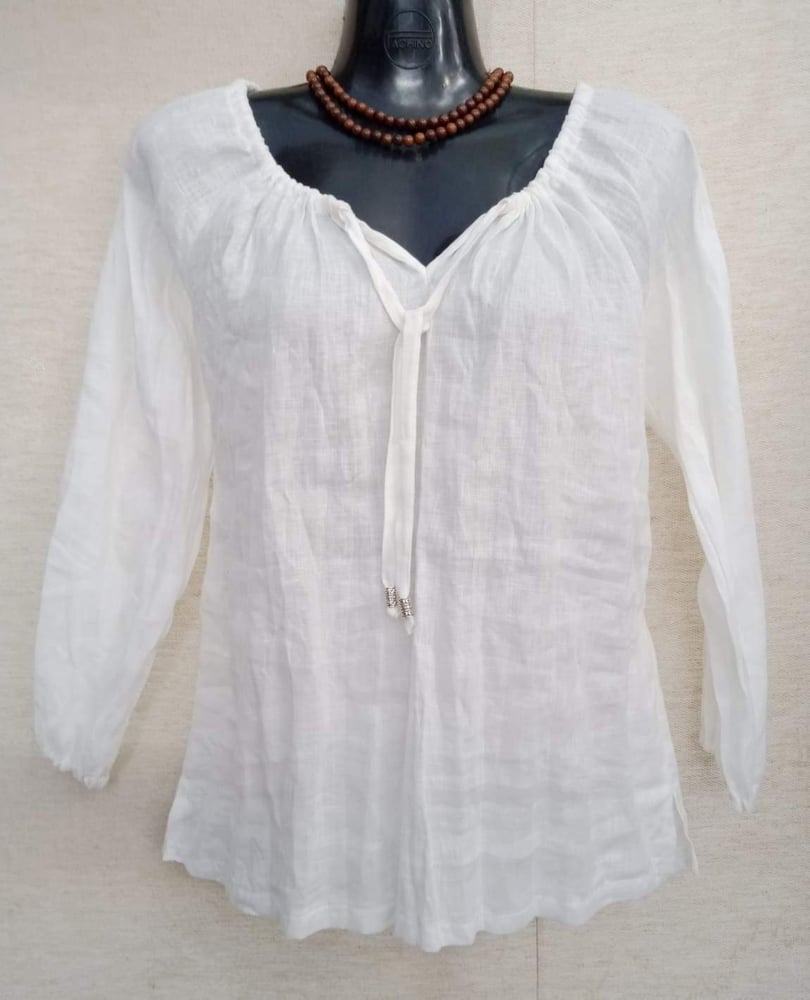 Image of Pure Linen Peasant Top - White (3/4 sleeve)