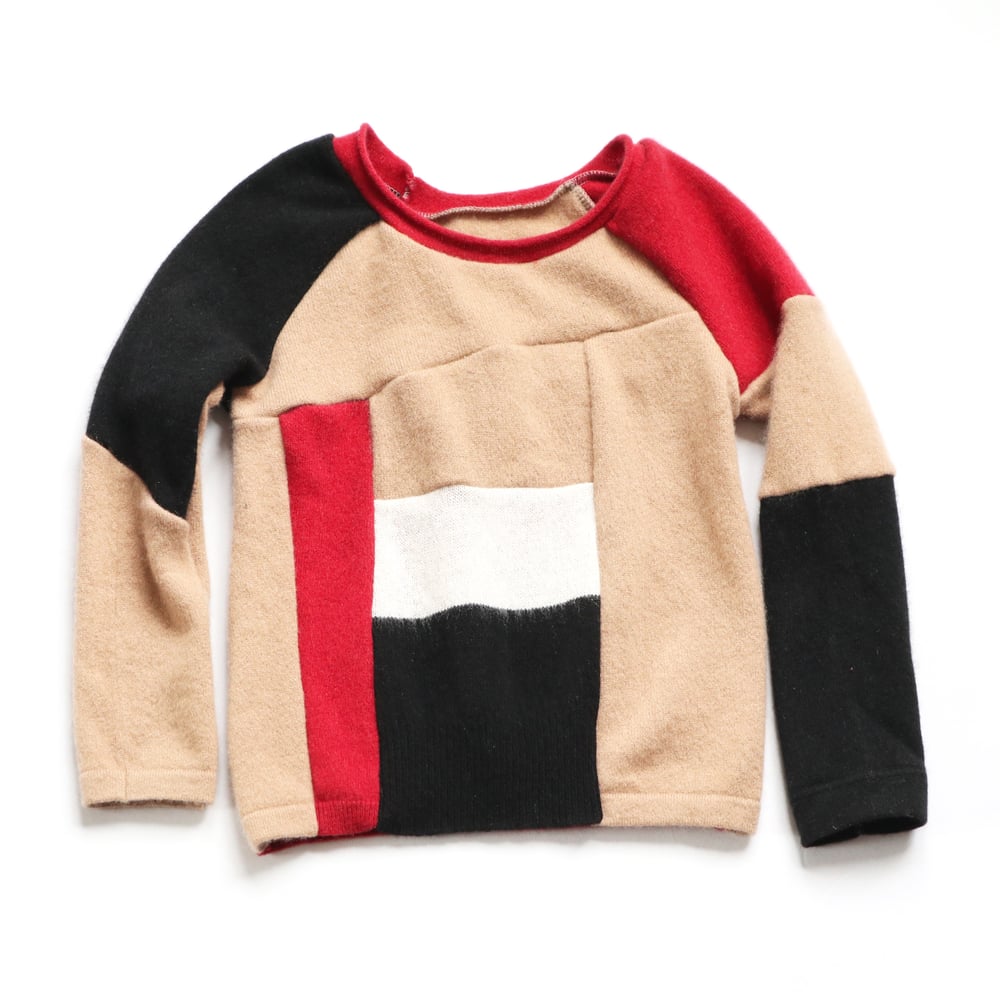 Image of patchwork luxury cashmere camel red baseball sleeve 5T courtneycourtney rollneck top sweater unisex