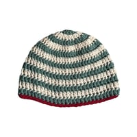 Off White and Jade Striped Fitted Beanie with Red Trim