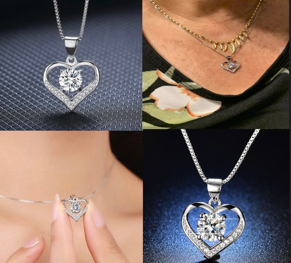 Image of 925 Sterling Silver Love Heart Cubic Zirconia CZ Pendant Necklace 18"