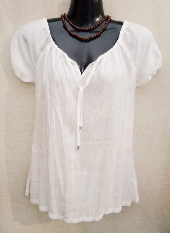 Image of Pure Linen Peasant Top - White (short sleeve)