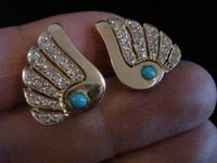 Image 2 of VINTAGE 1950S RETRO 18CT NATURAL TURQUOISE OLD EIGHT CUT DIAMOND FAN EARRINGS