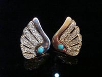 Image 3 of VINTAGE 1950S RETRO 18CT NATURAL TURQUOISE OLD EIGHT CUT DIAMOND FAN EARRINGS