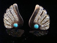 Image 1 of VINTAGE 1950S RETRO 18CT NATURAL TURQUOISE OLD EIGHT CUT DIAMOND FAN EARRINGS