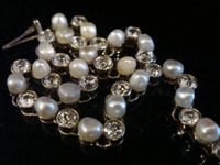 Image 1 of FRENCH EDWARDIAN 18CT WHITE GOLD NATURAL SALTWATER PEARL & DIAMOND LINE BRACELET