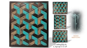 Image of Artwork Reclaimed Wood "Tumbling Blocks - Cityscape In Teal”