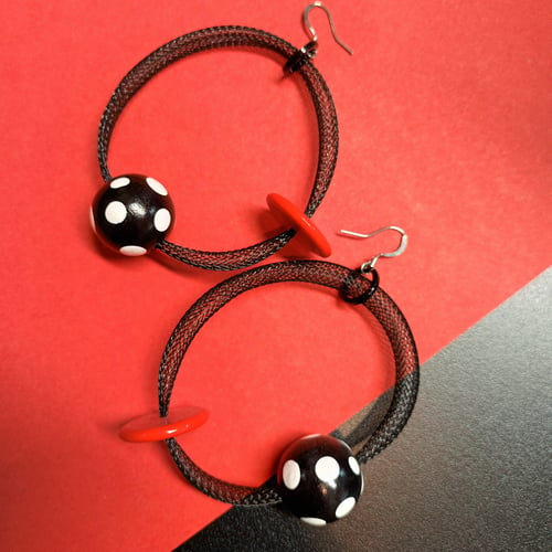 Image of mesh hoops red black earrings