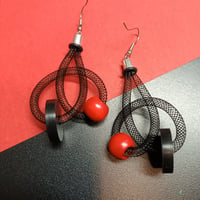 Image 1 of medium size mesh knot earrings black/red