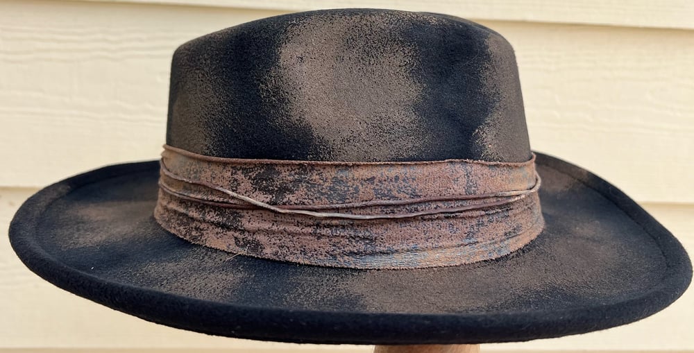 Black Painted Brown Fedora Hat Fabic and Feather Band