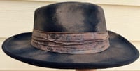 Image 2 of Black Painted Brown Fedora Hat Fabic and Feather Band