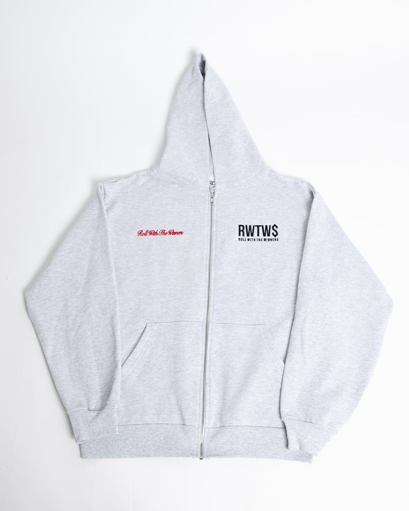 Image of RWTW$ ( Colors ) GREY ZIP HOODIE BLACK / RED LOGOS