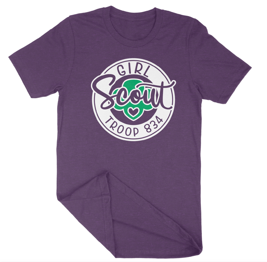 Image of Girl Scout Troop 834 - Script Circle Logo T-Shirt - Heather Team Purple