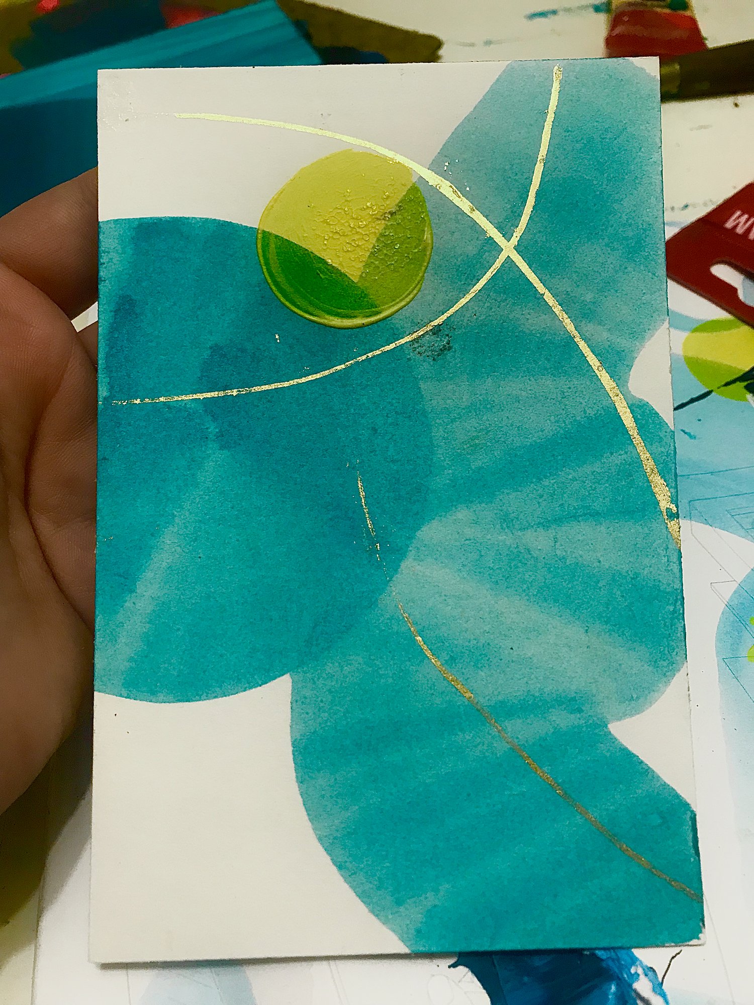 Turquoise, yellow and 23,75 k gold - acrylic and gold on pasteboard, cc 10x13 cm