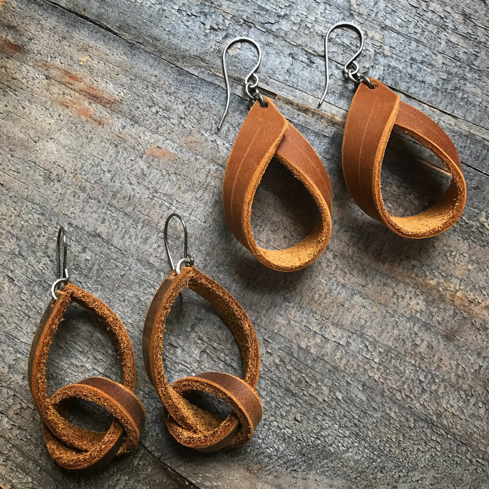 Grey basket weave leather earrings