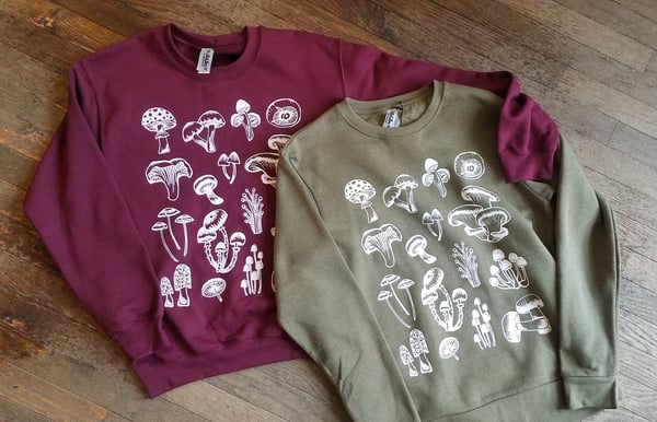 Image of Mushroom Fleece Sweatshirt in Olive or Maroon