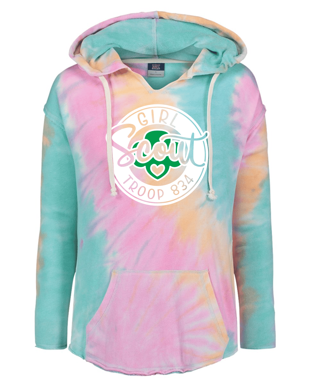 Image of Girl Scout Troop 834 - Script Circle Logo Angel Terry Nora Pullover Hoodie - Tie Dye