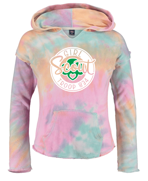 Image of Girl Scout Troop 834 - Script Circle Logo Angel Terry Nora Pullover Hoodie - Tie Dye