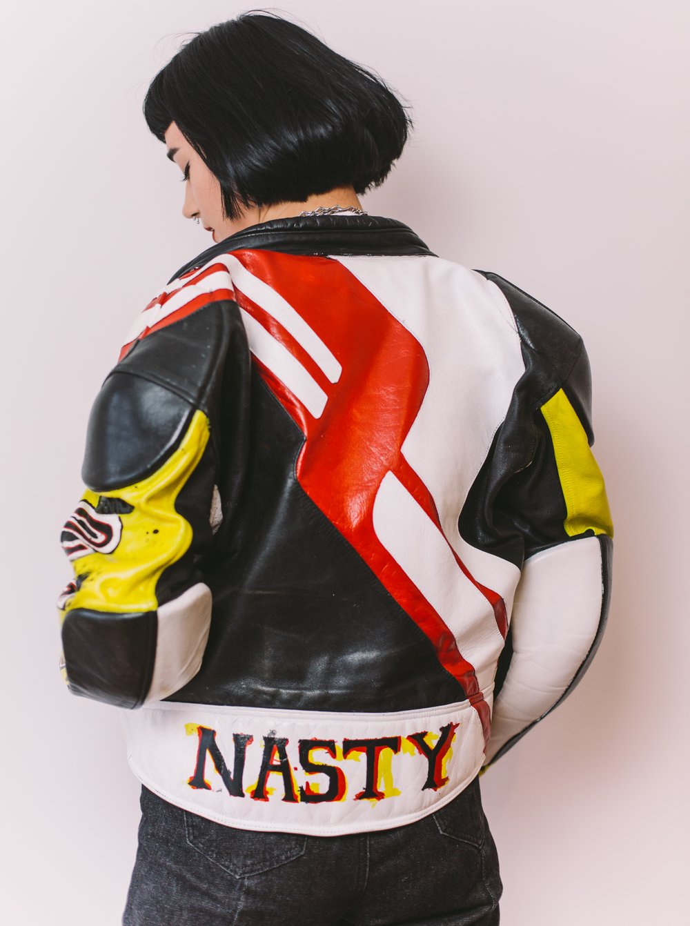 "NASTY_XTINA_2K2" HAND PAINTED VINTAGE BIKER JACKET