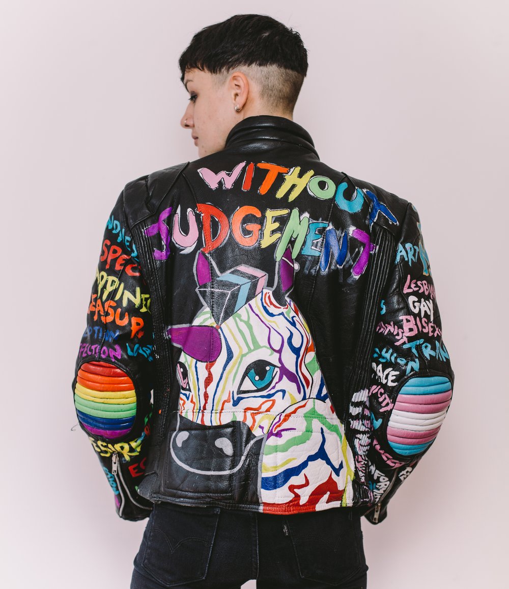 "UNITED WITH INDIVIDUALITY, LOVE AND PRIDE WITHOUT JUDGEMENT" HAND PAINTED VINTAGE BIKER JACKET