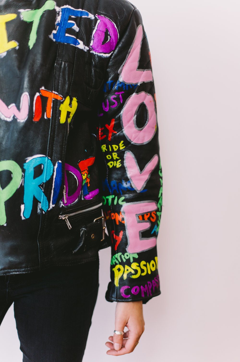 "UNITED WITH INDIVIDUALITY, LOVE AND PRIDE WITHOUT JUDGEMENT" HAND PAINTED VINTAGE BIKER JACKET