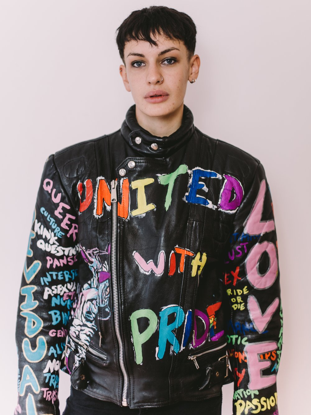 "UNITED WITH INDIVIDUALITY, LOVE AND PRIDE WITHOUT JUDGEMENT" HAND PAINTED VINTAGE BIKER JACKET