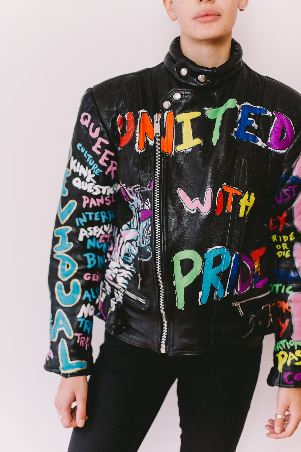 "UNITED WITH INDIVIDUALITY, LOVE AND PRIDE WITHOUT JUDGEMENT" HAND PAINTED VINTAGE BIKER JACKET