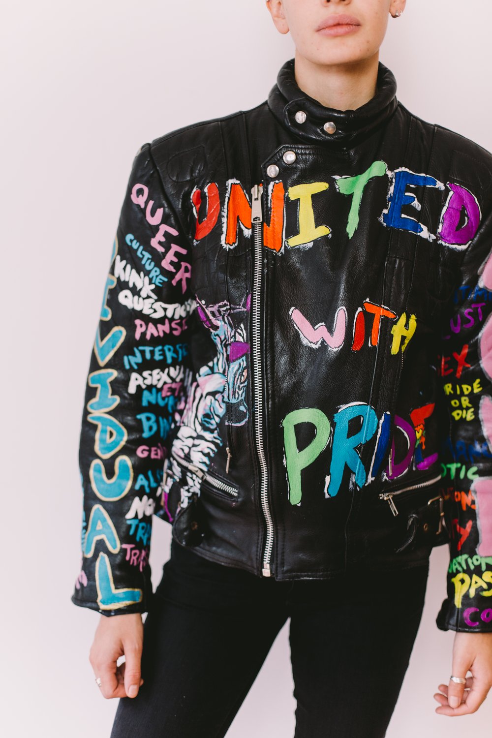 "UNITED WITH INDIVIDUALITY, LOVE AND PRIDE WITHOUT JUDGEMENT" HAND PAINTED VINTAGE BIKER JACKET