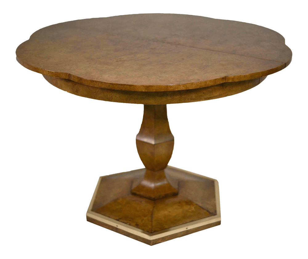 Image of Mastercraft Burled Walnut Scalloped Pedestal Table with Brass Trim (2 Leaves Included)
