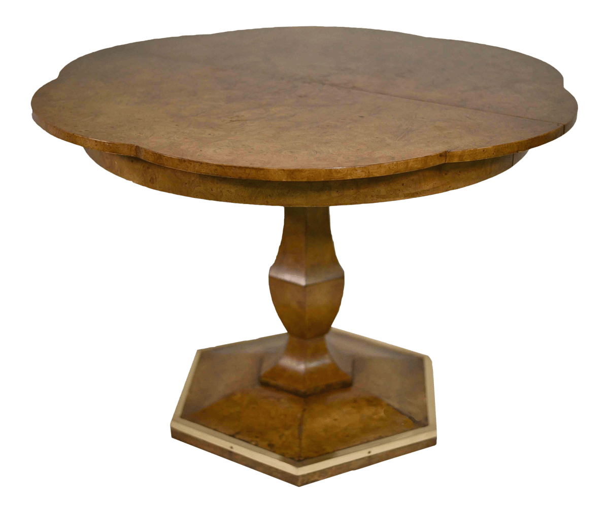 Image of Mastercraft Burled Walnut Scalloped Pedestal Table with Brass Trim (2 Leaves Included)