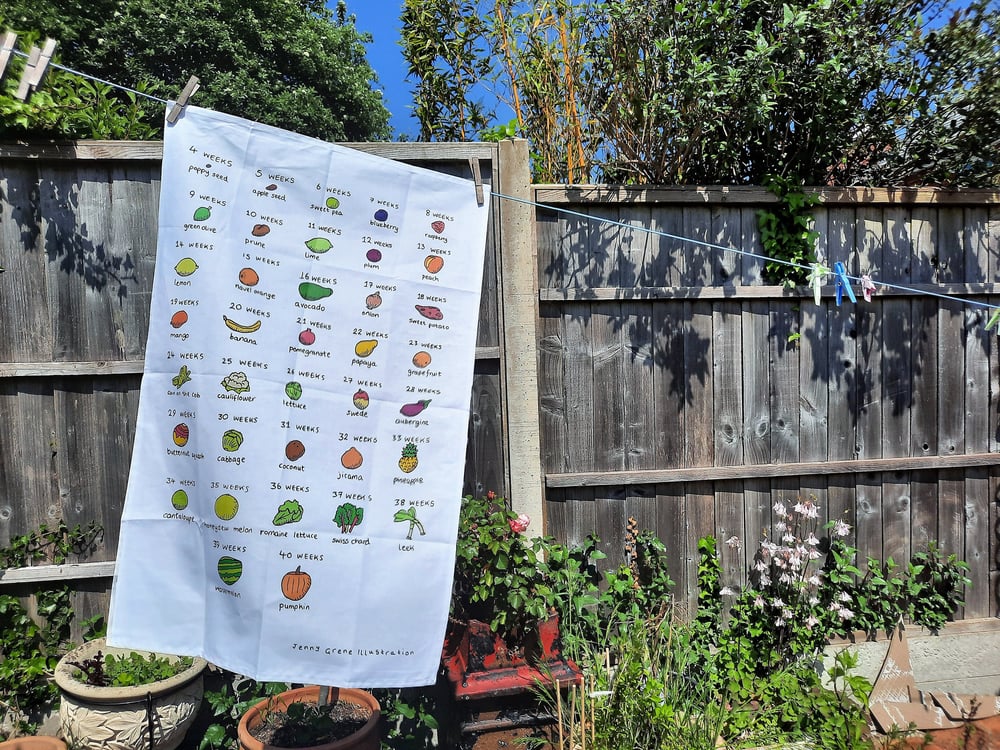 Image of Congratulations on pregnancy tea towel (baby size chart)