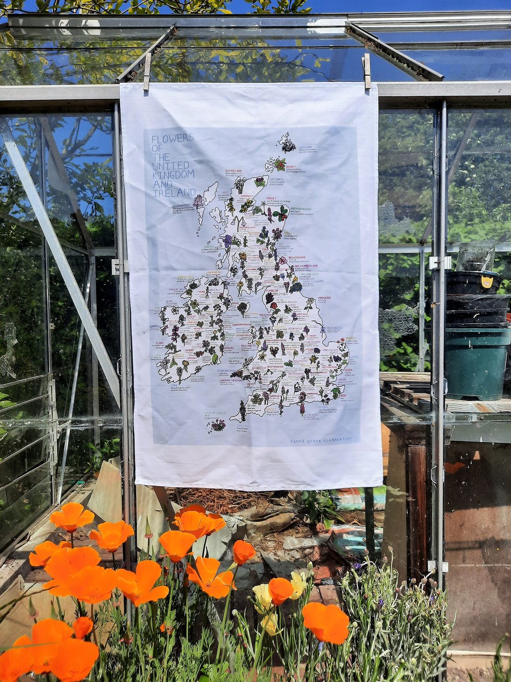 Image of UK and Ireland flower map tea towel