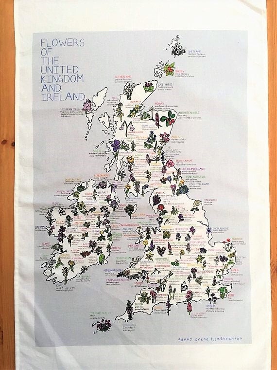 Image of UK and Ireland flower map tea towel
